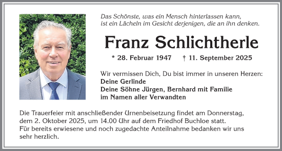 Traueranzeige von Franz Schlichtherle von Allgäuer Zeitung, Kaufbeuren/Buchloe