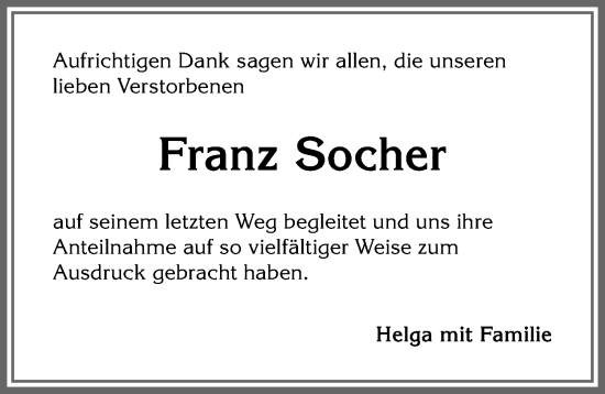 Traueranzeige von Franz Socher von Allgäuer Anzeigeblatt