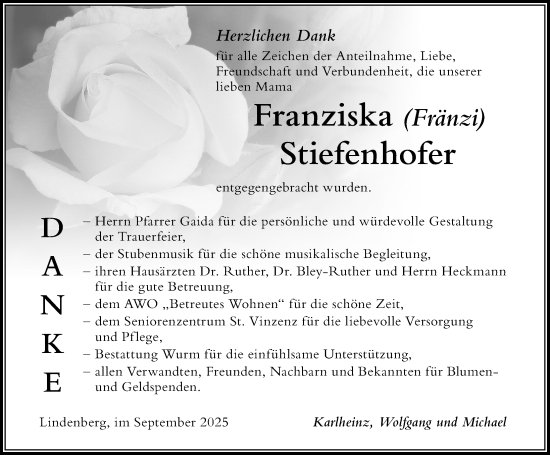 Traueranzeige von Franziska Stiefenhofer von Der Westallgäuer