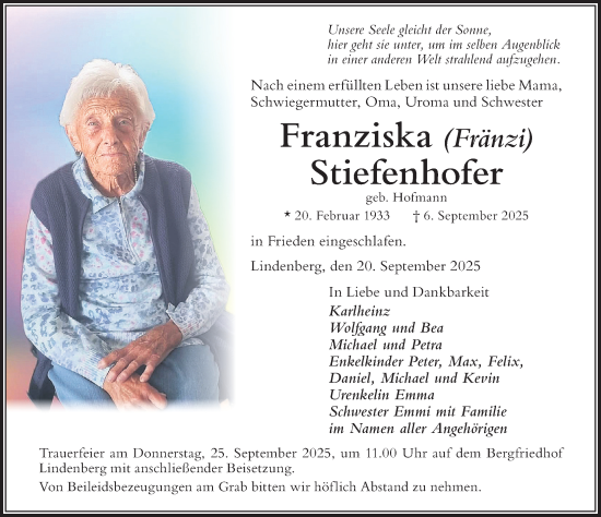 Traueranzeige von Franziska Stiefenhofer von Der Westallgäuer