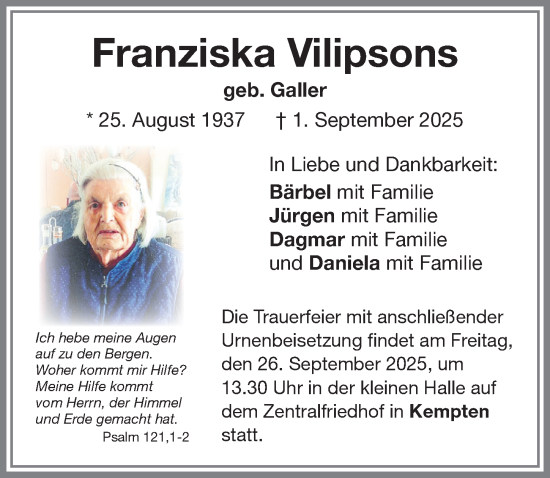 Traueranzeige von Franziska Vilipsons von Memminger Zeitung