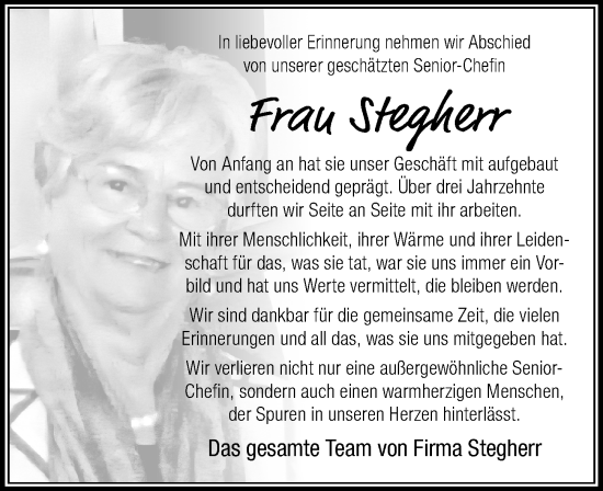 Traueranzeige von Frau Stegherr von Der Westallgäuer
