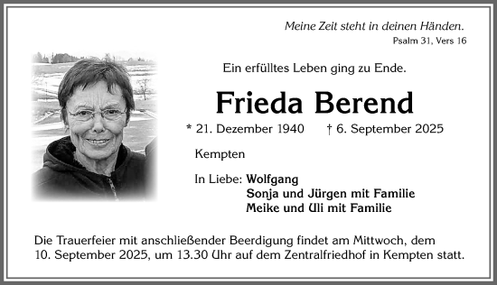 Traueranzeige von Frieda Berend von Allgäuer Zeitung,Kempten