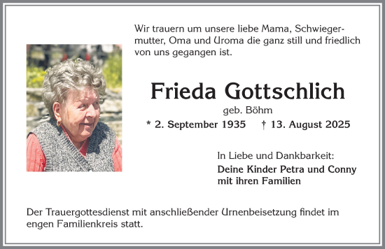Traueranzeige von Frieda Gottschlich von Allgäuer Zeitung,Kempten