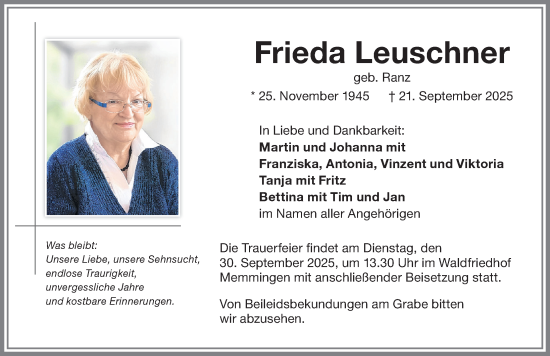 Traueranzeige von Frieda Leuschner von Memminger Zeitung