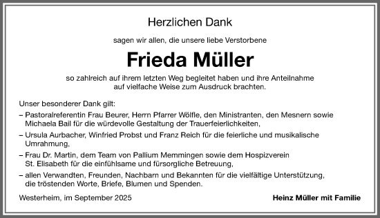 Traueranzeige von Frieda Müller von Memminger Zeitung