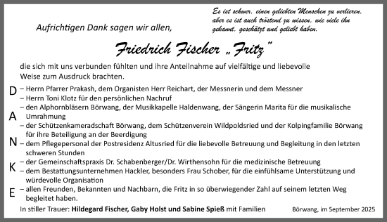 Traueranzeige von Friedrich Fischer von Allgäuer Zeitung,Kempten