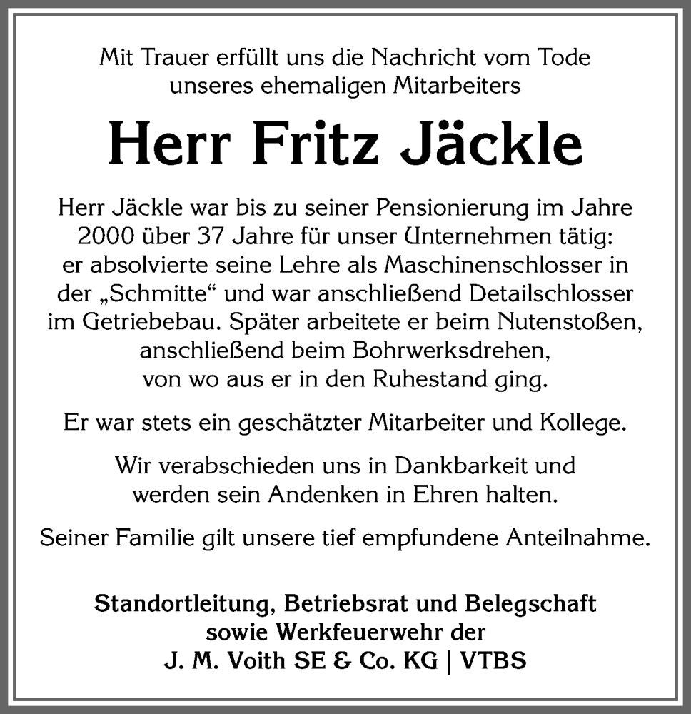  Traueranzeige für Fritz Jäckle vom 10.09.2025 aus Allgäuer Anzeigeblatt
