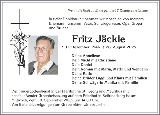 Traueranzeige von Fritz Jäckle von Allgäuer Anzeigeblatt
