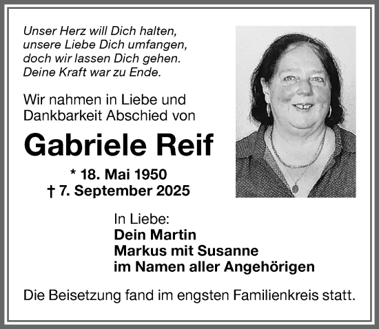 Traueranzeige von Gabriele Reif von Memminger Zeitung