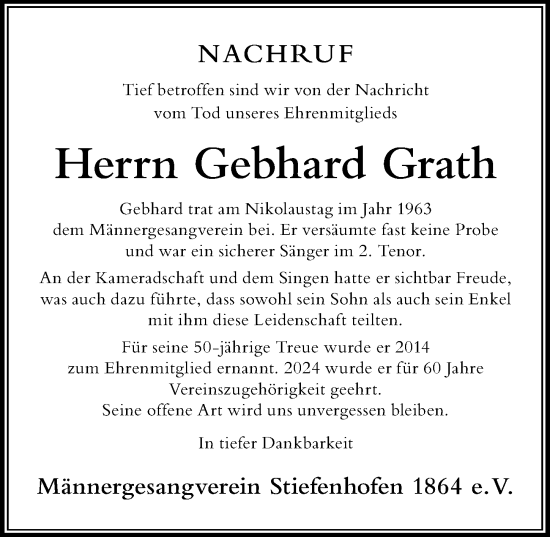 Traueranzeige von Gebhard Grath von Der Westallgäuer