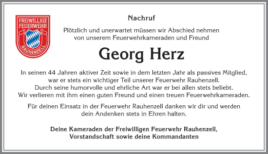 Traueranzeige von Georg Herz von Allgäuer Anzeigeblatt