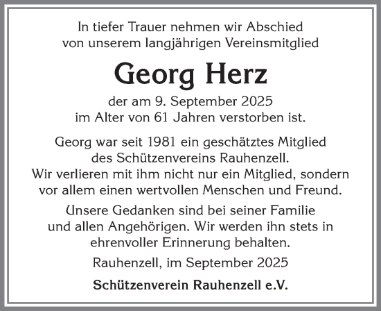 Traueranzeige von Georg Herz von Allgäuer Anzeigeblatt