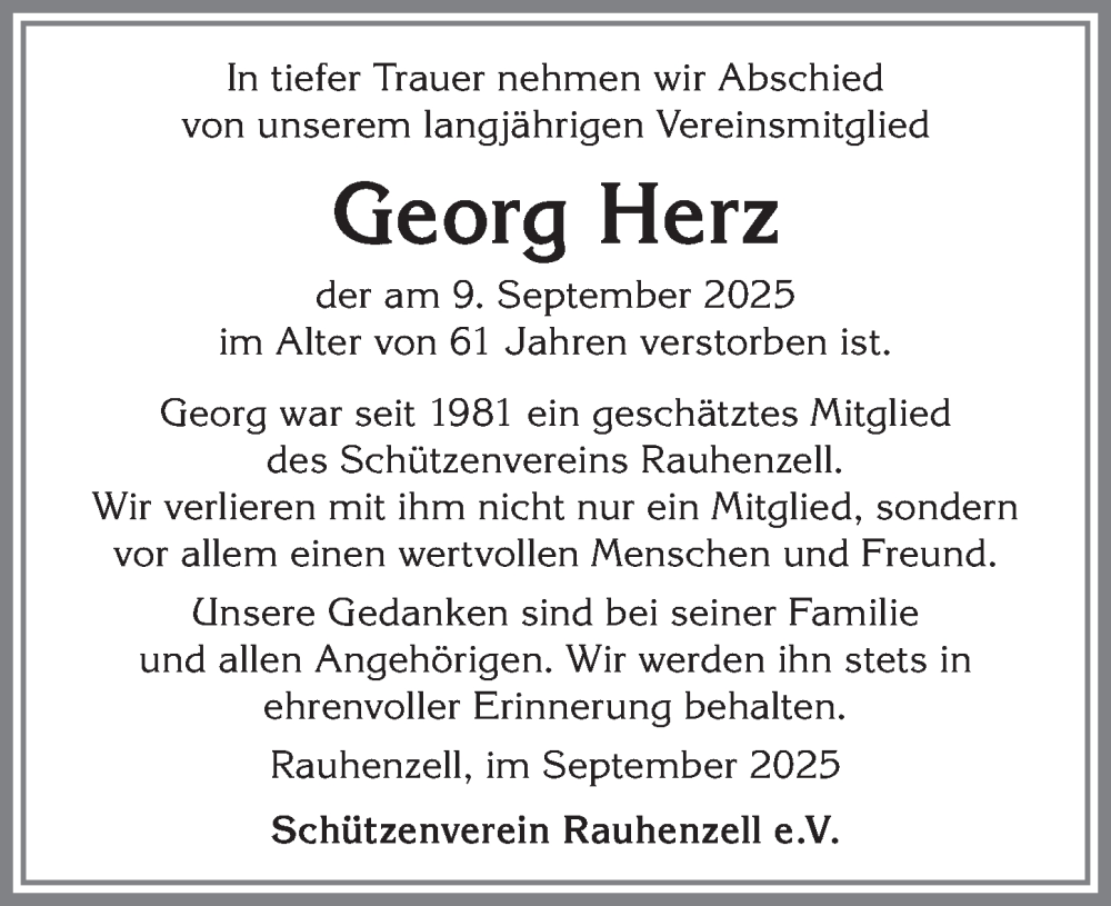  Traueranzeige für Georg Herz vom 16.09.2025 aus Allgäuer Anzeigeblatt