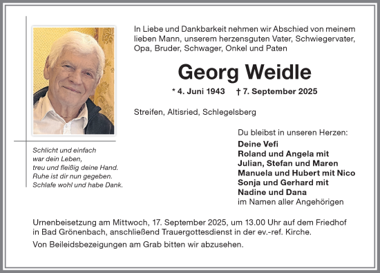 Traueranzeige von Georg Weidle von Memminger Zeitung