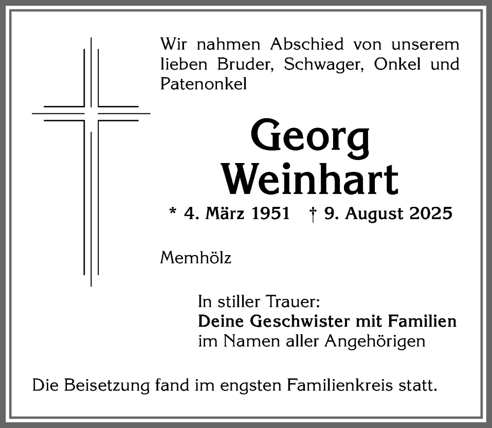  Traueranzeige für Georg Weinhart vom 06.09.2025 aus Allgäuer Zeitung,Kempten
