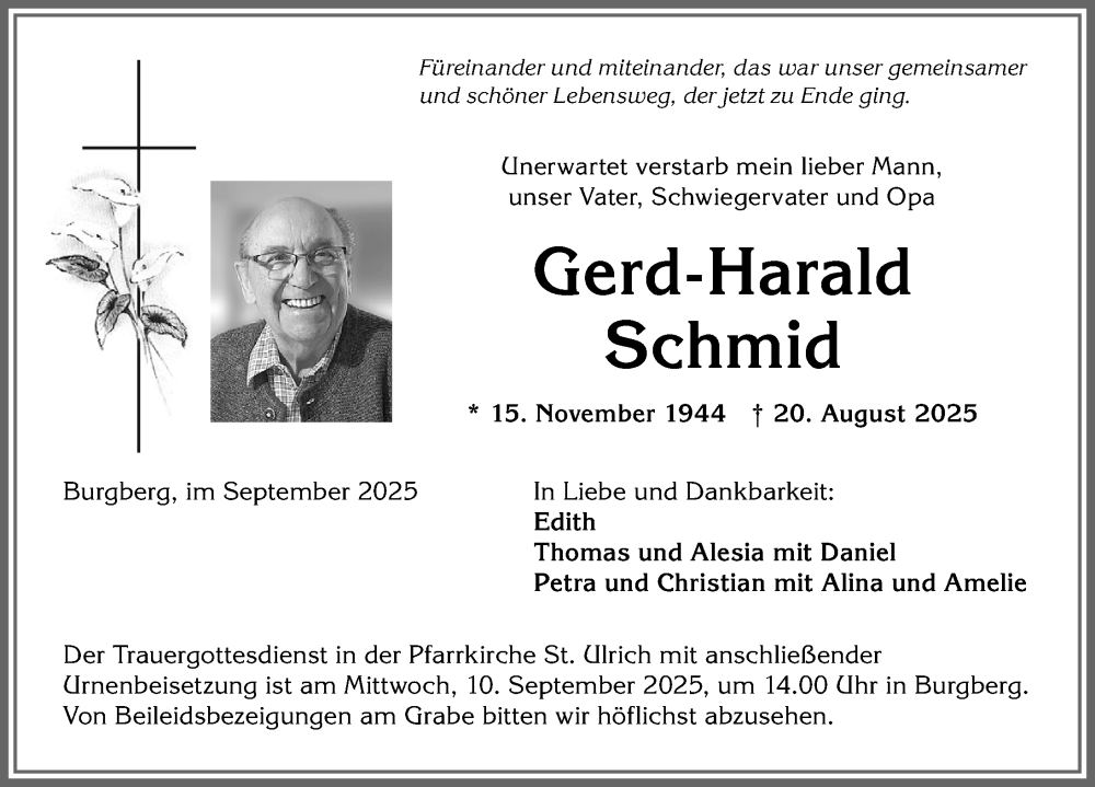  Traueranzeige für Gerd-Harald Schmid vom 06.09.2025 aus Allgäuer Anzeigeblatt