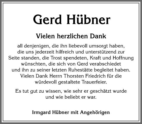 Traueranzeige von Gerd Hübner von Allgäuer Zeitung, Kaufbeuren/Buchloe