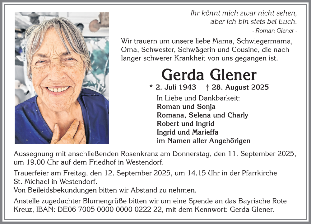  Traueranzeige für Gerda Glener vom 06.09.2025 aus Allgäuer Zeitung, Kaufbeuren/Buchloe