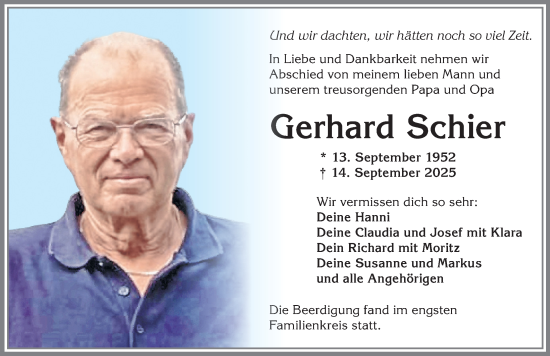 Traueranzeige von Gerhard Schier von Allgäuer Zeitung, Kaufbeuren/Buchloe