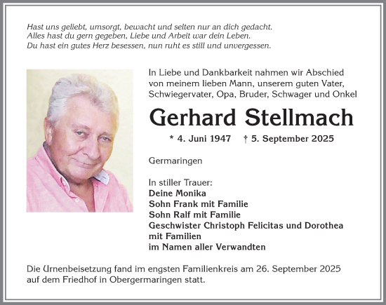 Traueranzeige von Gerhard Stellmach von Allgäuer Zeitung, Kaufbeuren/Buchloe
