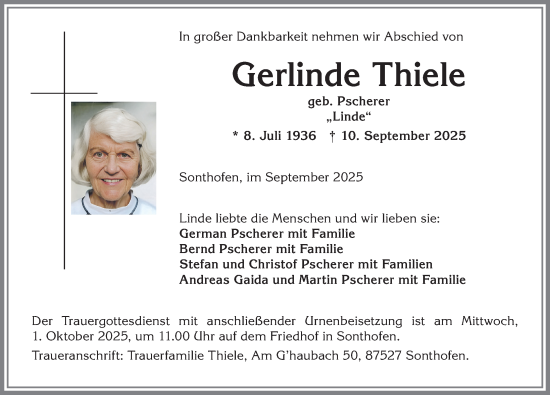 Traueranzeige von Gerlinde Thiele von Allgäuer Anzeigeblatt
