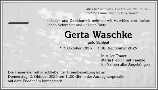 Traueranzeige von Gerta Waschke von Allgäuer Anzeigeblatt