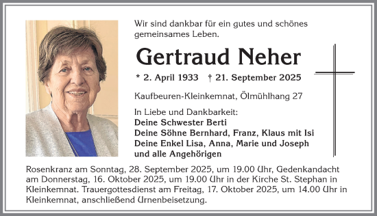 Traueranzeige von Gertraud Neher von Allgäuer Zeitung, Kaufbeuren/Buchloe