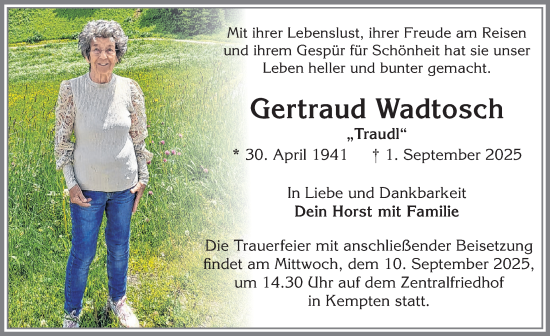Traueranzeige von Gertraud Wadtosch von Allgäuer Zeitung,Kempten