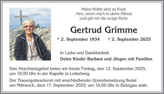 Traueranzeige von Gertrud Grimme von Allgäuer Zeitung,Kempten