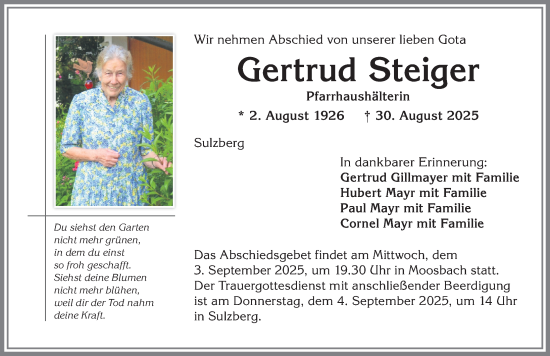 Traueranzeige von Gertrud Steiger von Allgäuer Zeitung,Kempten