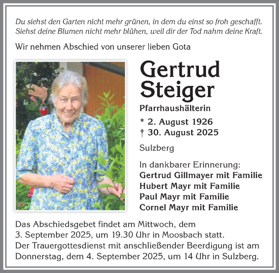 Traueranzeige von Gertrud Steiger von Allgäuer Zeitung, Füssen