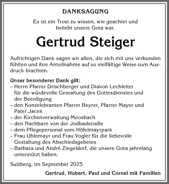 Traueranzeige von Gertrud Steiger von Allgäuer Zeitung,Kempten