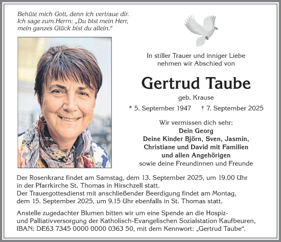 Traueranzeige von Gertrud Taube von Allgäuer Zeitung, Kaufbeuren/Buchloe