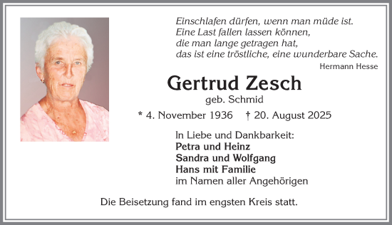 Traueranzeige von Gertrud Zesch von Allgäuer Zeitung,Kempten