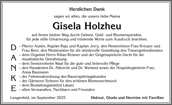Traueranzeige von Gisela Holzheu von Allgäuer Zeitung, Kaufbeuren/Buchloe