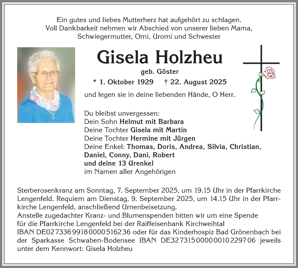  Traueranzeige für Gisela Holzheu vom 05.09.2025 aus Allgäuer Zeitung, Kaufbeuren/Buchloe