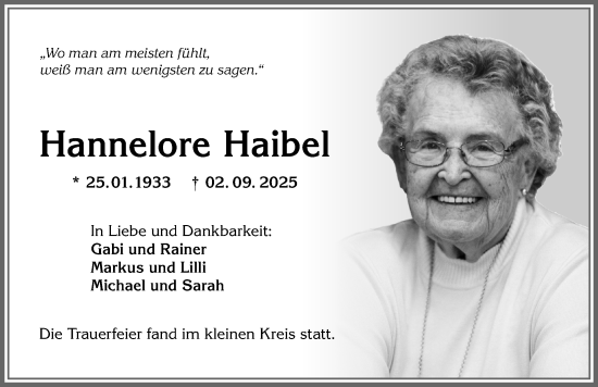 Traueranzeige von Hannelore Haibel von Allgäuer Zeitung,Kempten