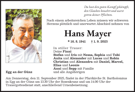 Traueranzeige von Hans Mayer von Memminger Zeitung