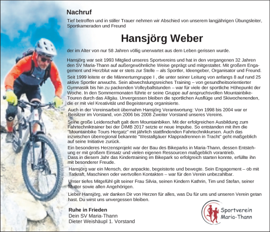 Traueranzeige von Hansjörg Weber von Der Westallgäuer