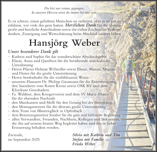 Traueranzeige von Hansjörg Weber von Der Westallgäuer