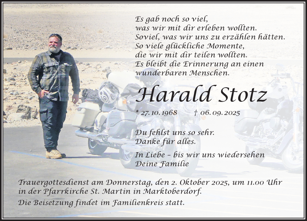  Traueranzeige für Harald Stotz vom 27.09.2025 aus Allgäuer Zeitung, Marktoberdorf
