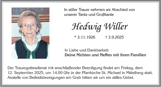 Traueranzeige von Hedwig Willer von Allgäuer Zeitung,Kempten