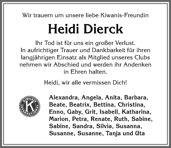 Traueranzeige von Heidi Dierck von Allgäuer Anzeigeblatt