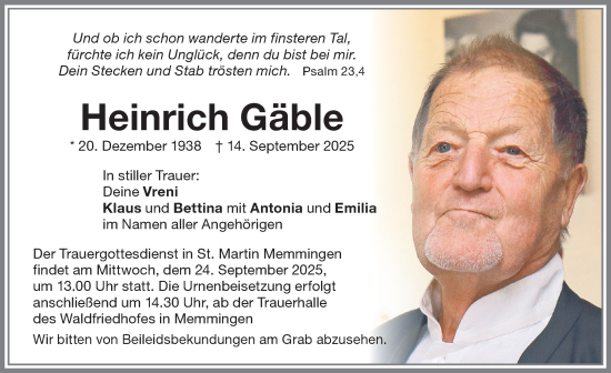 Traueranzeige von Heinrich Gäble von Memminger Zeitung