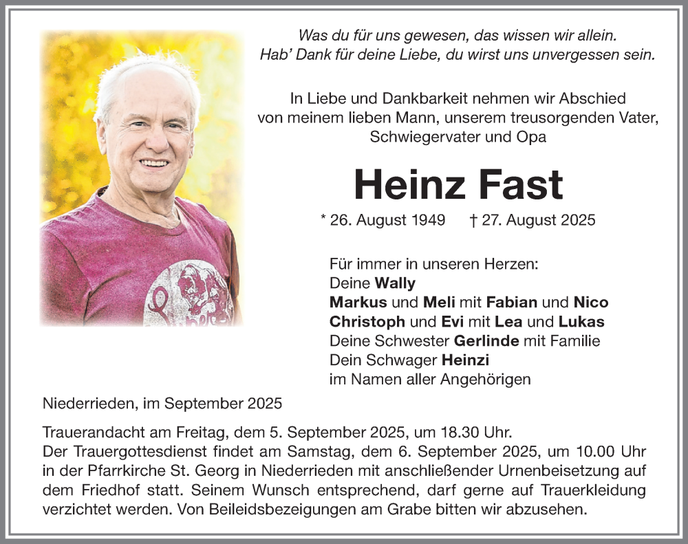  Traueranzeige für Heinz Fast vom 03.09.2025 aus Memminger Zeitung