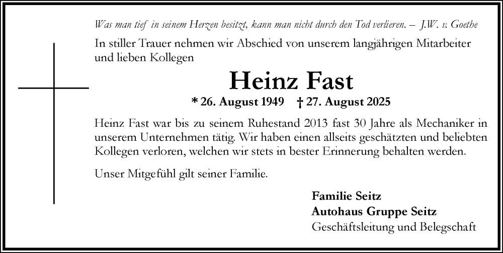  Traueranzeige für Heinz Fast vom 06.09.2025 aus Memminger Zeitung