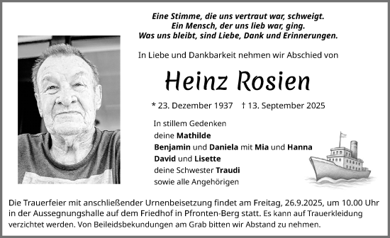 Traueranzeige von Heinz Rosien von Allgäuer Zeitung, Füssen