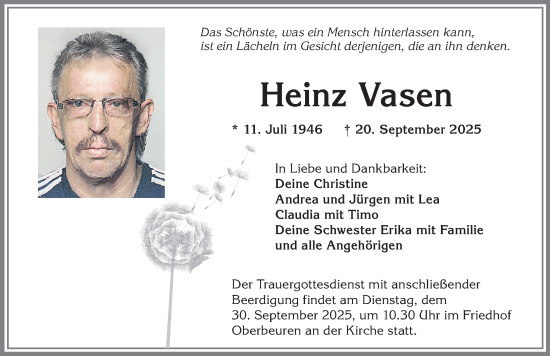 Traueranzeige von Heinz Vasen von Allgäuer Zeitung, Kaufbeuren/Buchloe