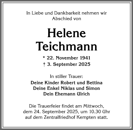 Traueranzeige von Helene Teichmann von Allgäuer Zeitung,Kempten